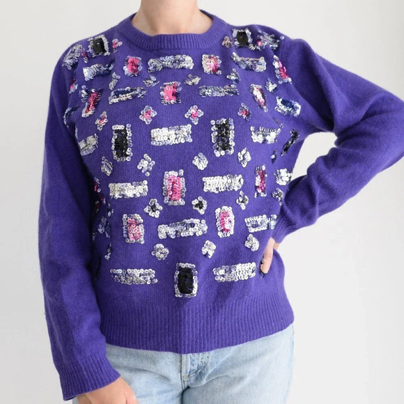 Vintage Franco Valeri Purple w Silver & Pink Embellishments CrewNeck  Sweater S - Picture 2 of 13